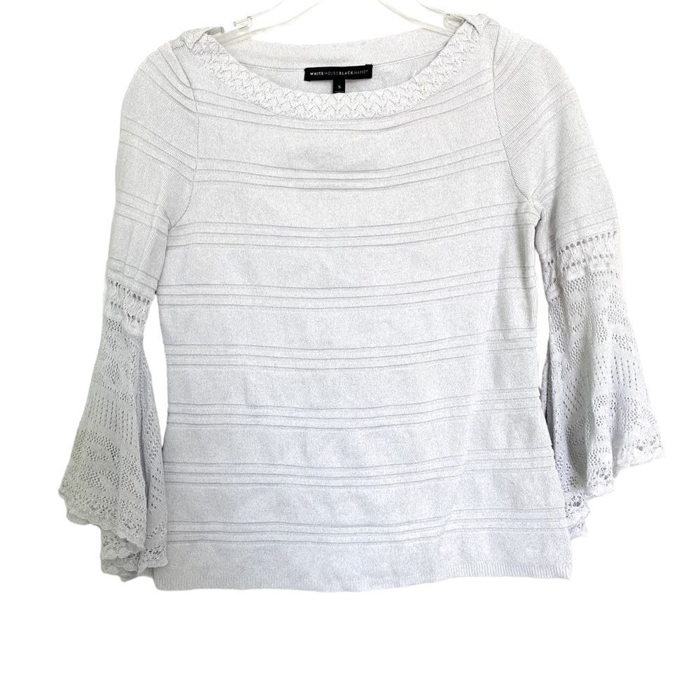 White House Black Market Silver Sparkle Frill Sleeve Knit Sweater Small Elegant